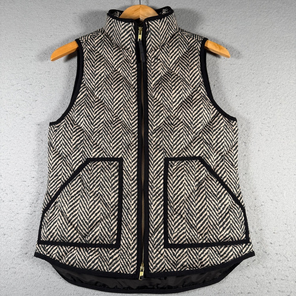 J.Crew Women Black Cream Herringbone Quilted Down Puffer Vest 93111 XS